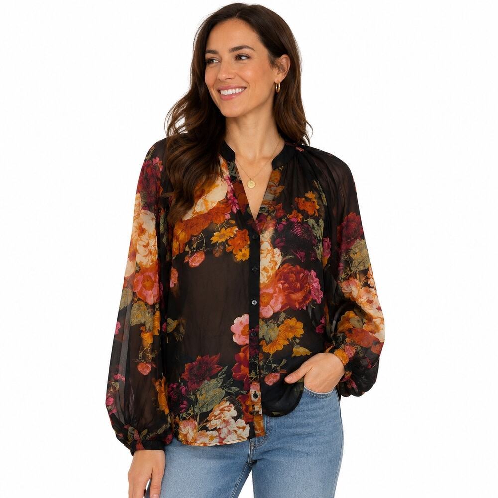 Worthington Floral Sheer Blouse Large Romantic Boho dressy Top business casual